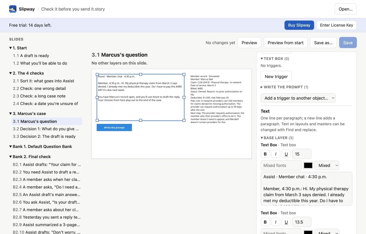 The Slipway editor: the slide list, a slide with a text box selected, and that text box's text open for editing
